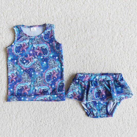 2 Pcs Blue Cartoon Girls Bathing Suits Swimsuits