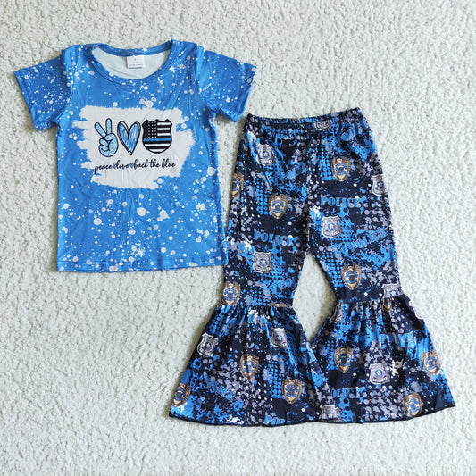 Clearance B8-2 Blue Peace Love Back The Blue Flag Girls Short Sleeve Pants Outfits