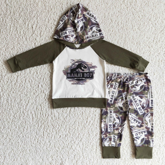 BLP0078 Green Camo Dinosaur Cartoon Mama Boys Long Sleeve Hoodies Outfits