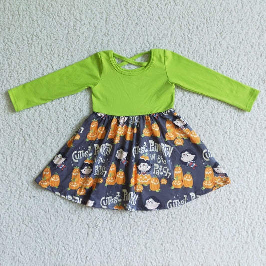 GLD0079 Halloween Pumpkin In The Patch Green Cartoon Girls Long Sleeve Dresses