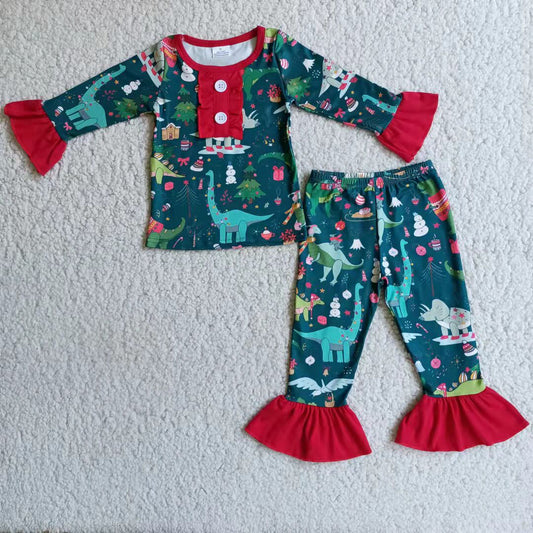 Clearance 6 A4-28 Christmas Dinosaur Print Girls Long Sleeve Pants Outfits Pajamas