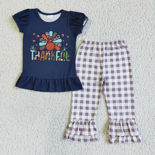 GSPO0120 Thanksgiving Blue Turkey Plaid Girls Short Sleeve Pants Outfits