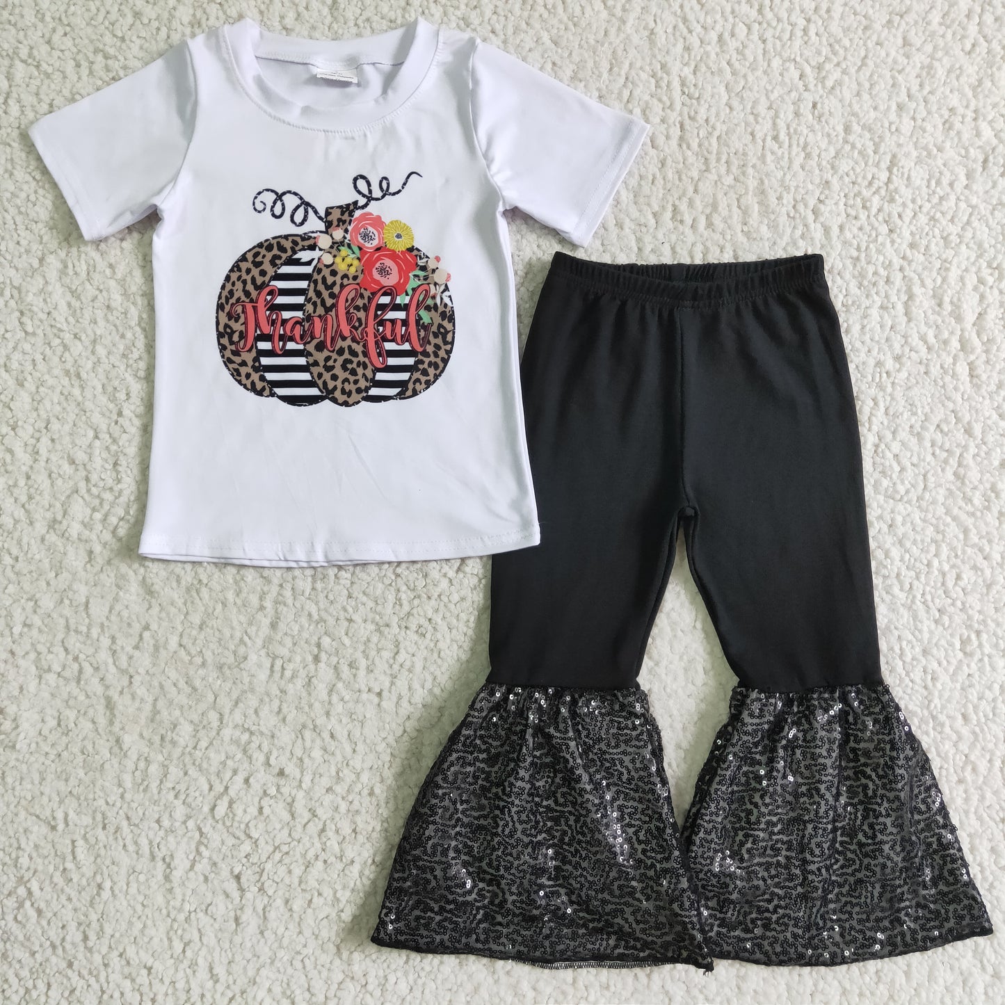 Clearance C4-14 Halloween Pumpkin Thanksgiving Thankful Black Sequin Girls Short Sleeve Bell Bottom Pants Outfits