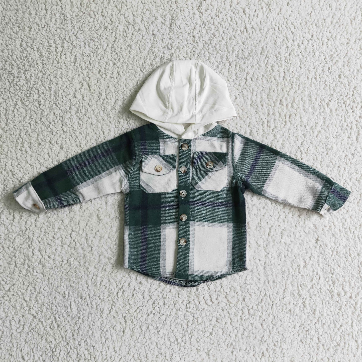 BT0075 Green Plaid White Pockets Boys Long Sleeve Hoodies Top