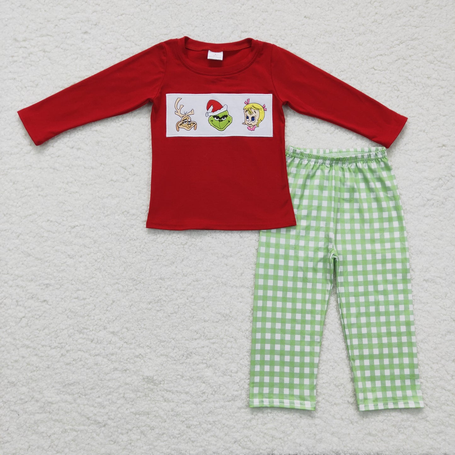 BLP0006 Christmas Green Red Cartoon Embroidery Boys Long Sleeve Pants Outfits