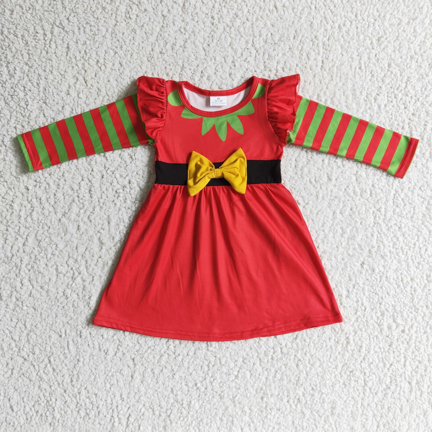 GLD0144 Christmas Red Green Stripes Ruffles Bow Girls Long Sleeve Dresses