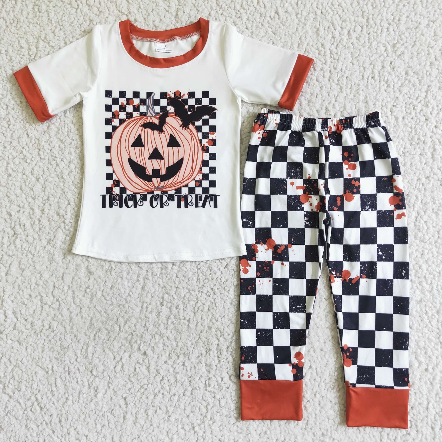 BSPO0028 Halloween Pumpkin Bat Ghost Cartoon Orange Black Plaid Boys Short Sleeve Pants Outfits Pajamas