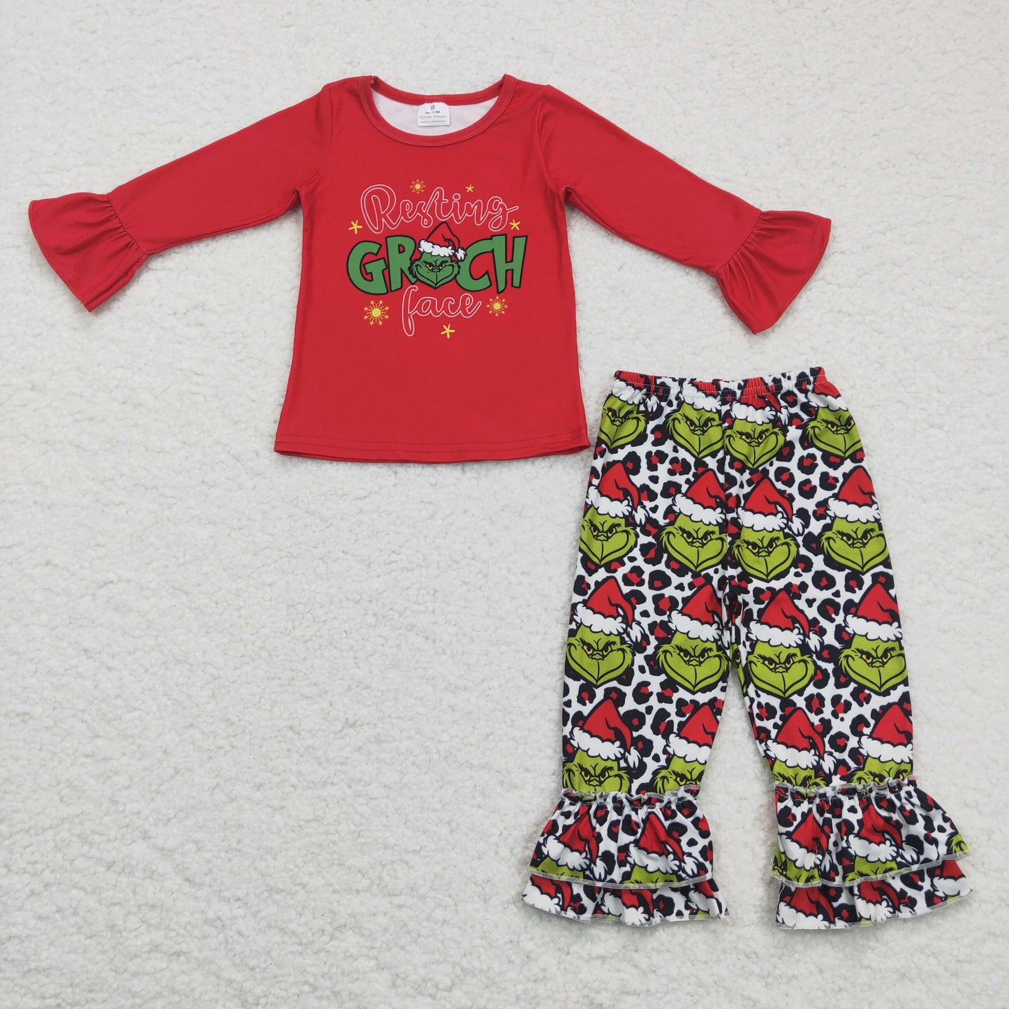 Clearance 6 A1-17 Red Green Leopard Christmas Cartoon Girls Long Sleeve Bell Bottom Pants Outfits