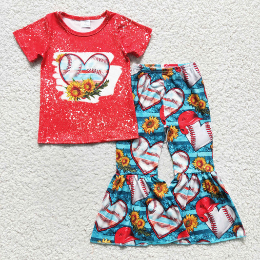 promotion RTS GSPO0252 Red Blue Sunflower Baseball Love Girls Short Sleeve Bell Bottom Pants Outfits