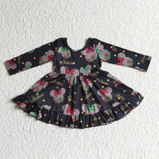 GLD0001 Christmas Black Red Believe Leopard Cartoon Girls Long Sleeve Dresses