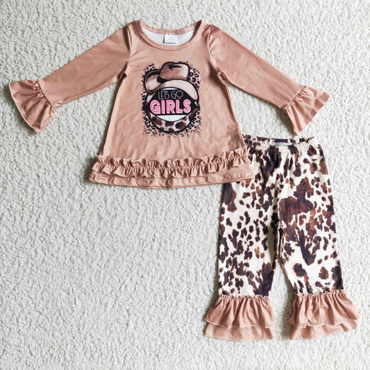 GLP0345 Brown Lets Go Girls Hat Cowboy Western  Girls Long Sleeve Pants Outfits