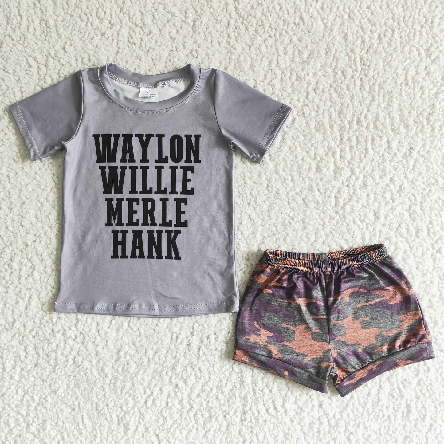 C0-7 Letter Grey Camo Print Boys Short Sleeve Shorts Outfits