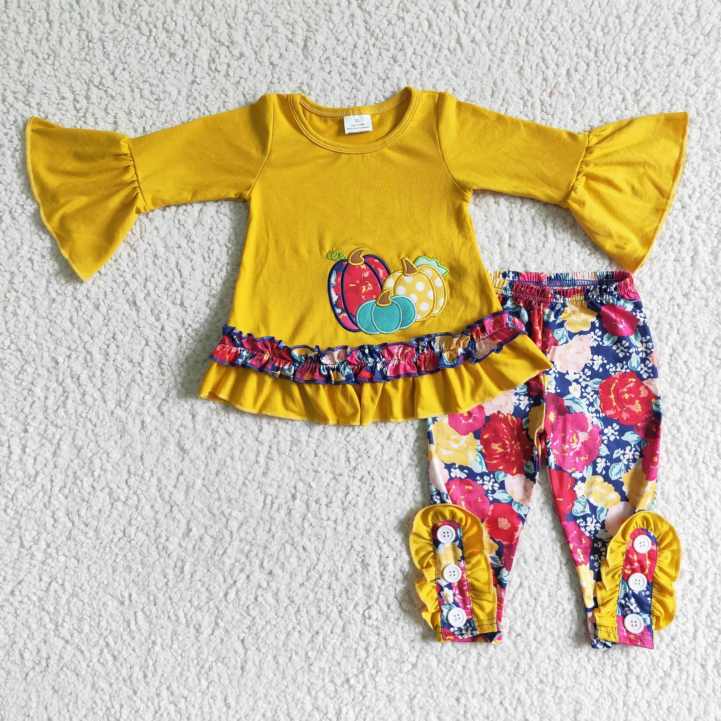 GLP0006 Halloween Pumpkin Yellow Floral Embroidery Tunic Girls Long Sleeve Pants Outfits