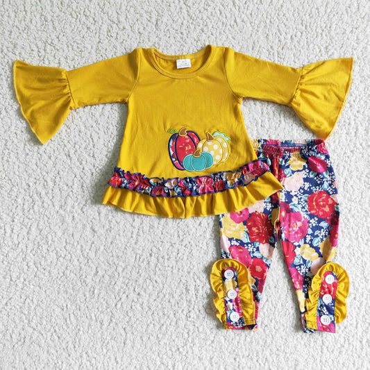 GLP0006 Halloween Pumpkin Yellow Floral Embroidery Tunic Girls Long Sleeve Pants Outfits