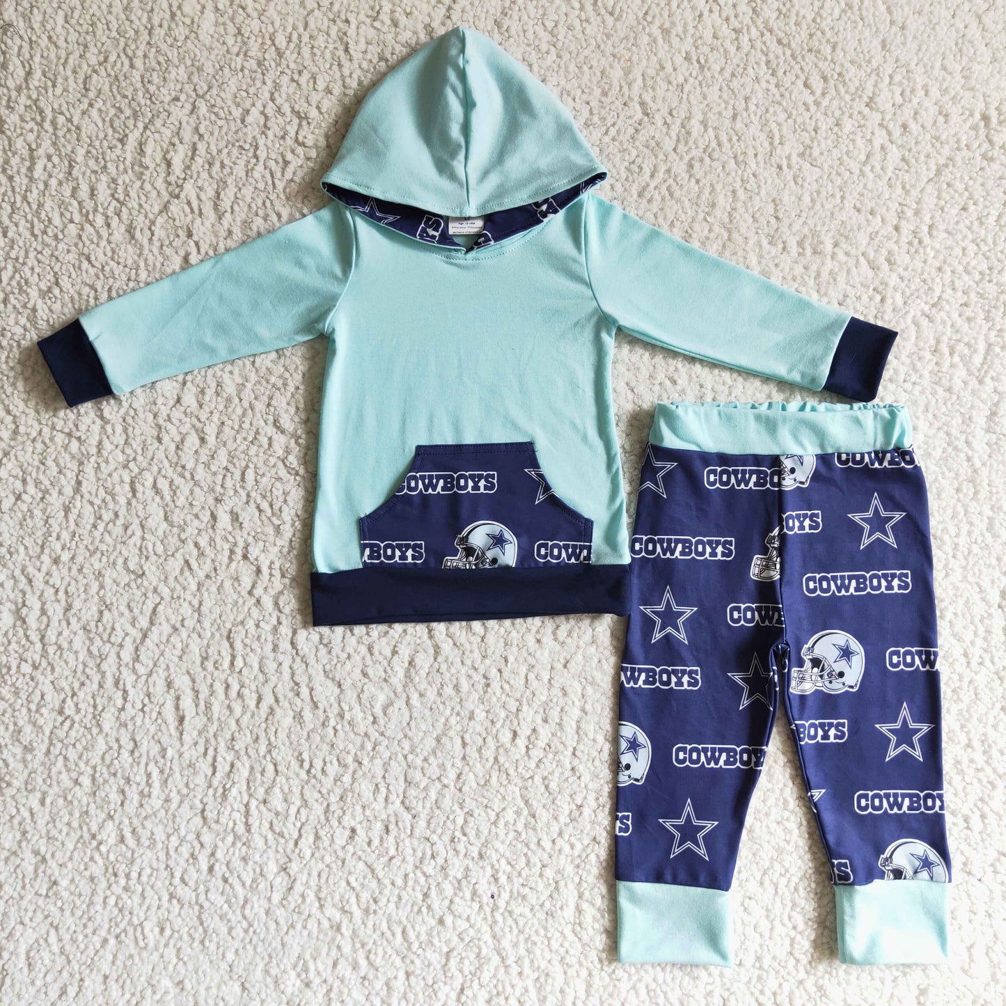 BLP0095 Blue Starts Cowboys Football Team Pockets Boys Long Sleeve Hoodies Outfits