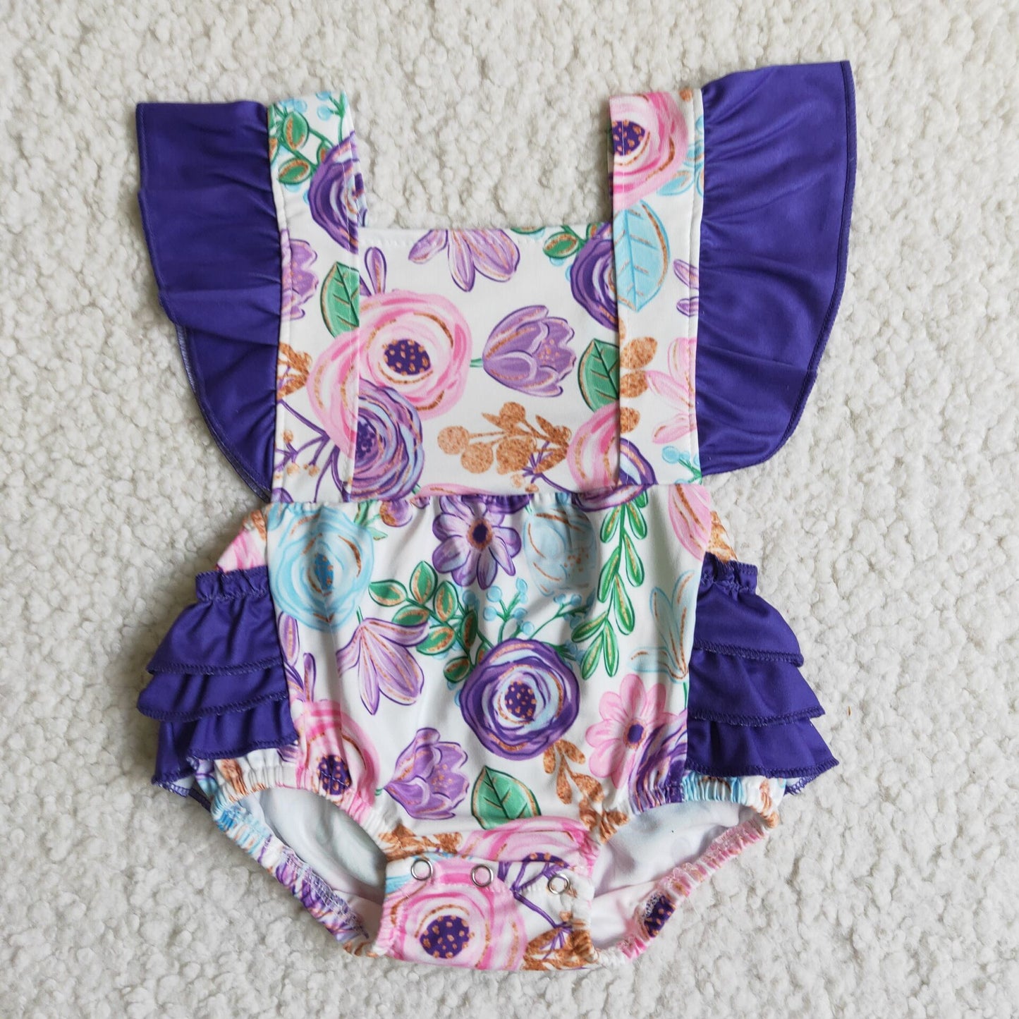 B3-27 Purple Floral Newborn Girls Short Sleeve Romper