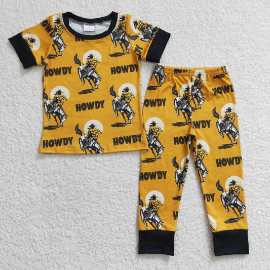 BSPO0053  Yellow Howdy Rodeo Cowboy Western Boys Short Sleeve Pants Outfits Pajamas