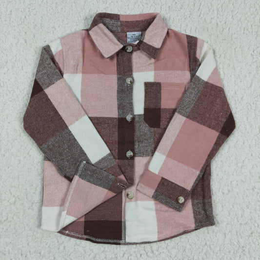 GT0073 Red Brown Plaid Girls Long Sleeve Top Winter Collar T-Shirts