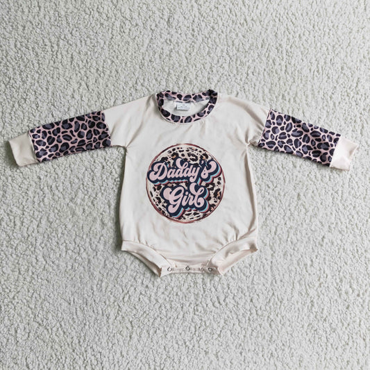 LR0221 Daddy's Girl Pink Bleach Leopard Girls Long Sleeve Romper