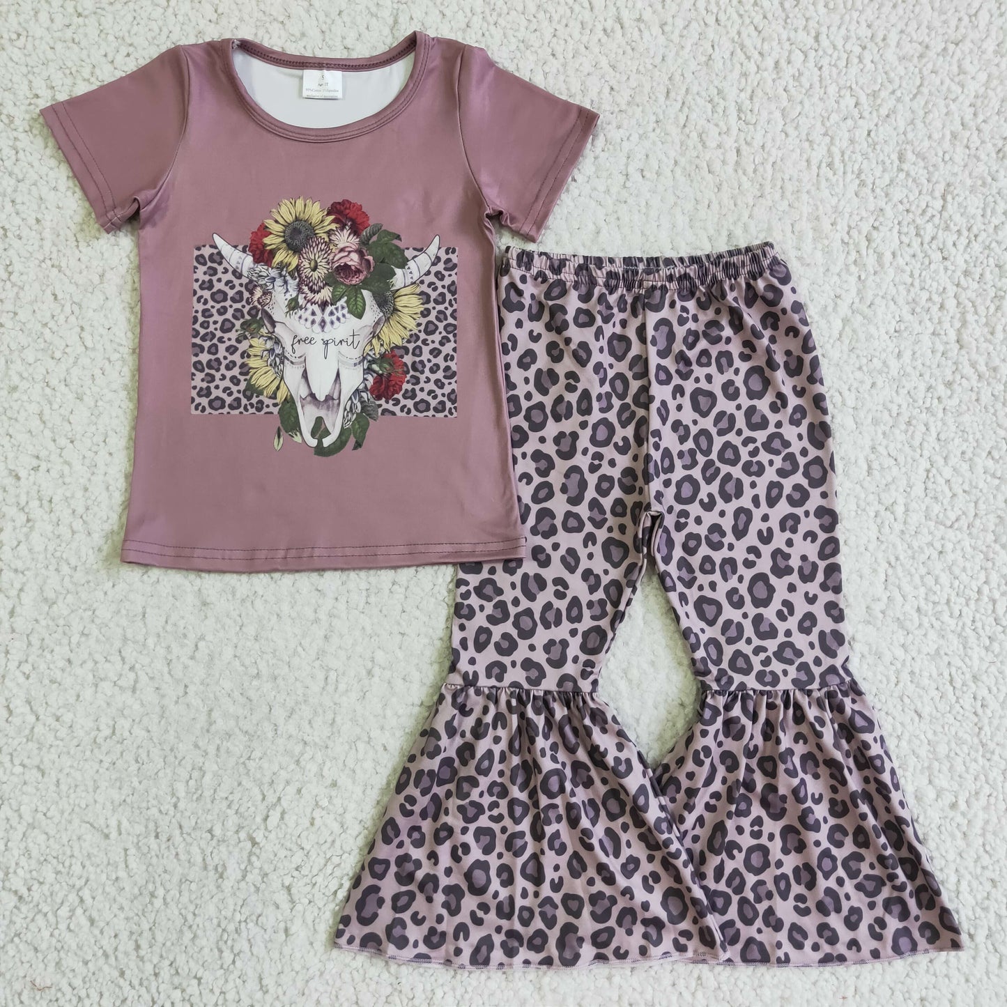 GSPO0152 Pink Sunflower Floral Leopard Highland Cow Print Western Girls Short Sleeve Bell Bottom Pants Outfits