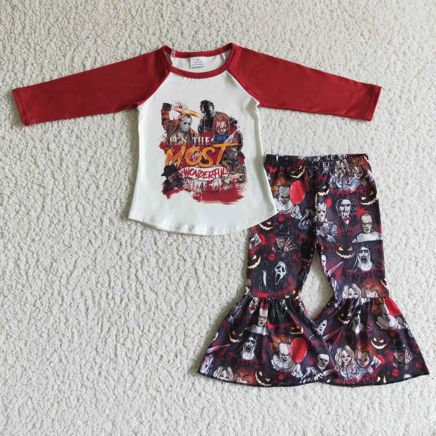 GLP0118 Halloween Pink Clown Mask Cartoon Most Wonderful Girls Long Sleeve Bell Bottom Pants Outfits