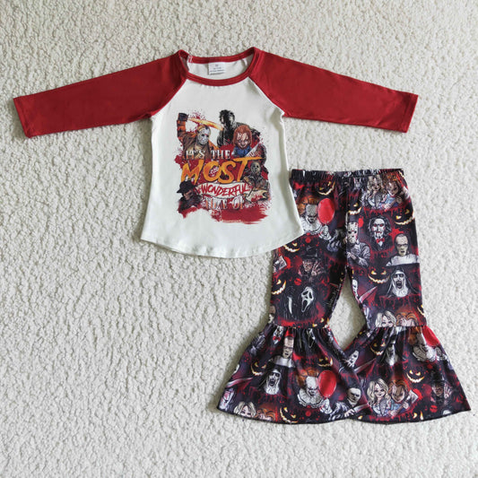 GLP0118 Halloween Pink Clown Mask Cartoon Most Wonderful Girls Long Sleeve Bell Bottom Pants Outfits