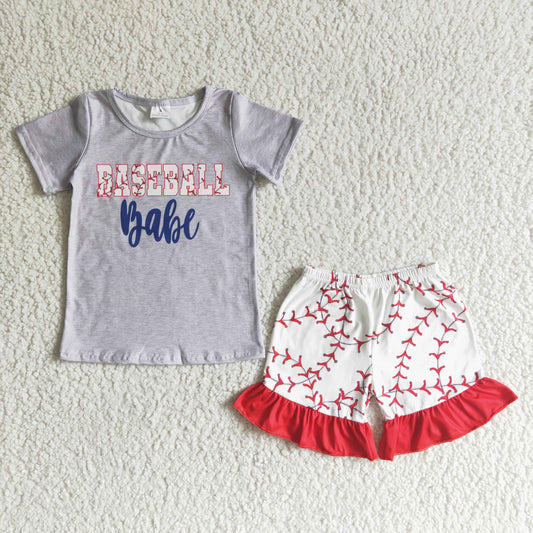 GSSO0018 Grey Red Baseball Babe Girls Short Sleeve Shorts Outfits