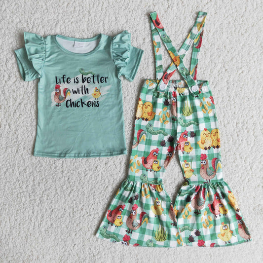 E9-15 Thanksgiving Life Is Better With Chickens Farm Green Overall Girls Short Sleeve Bell Bottom Outfits