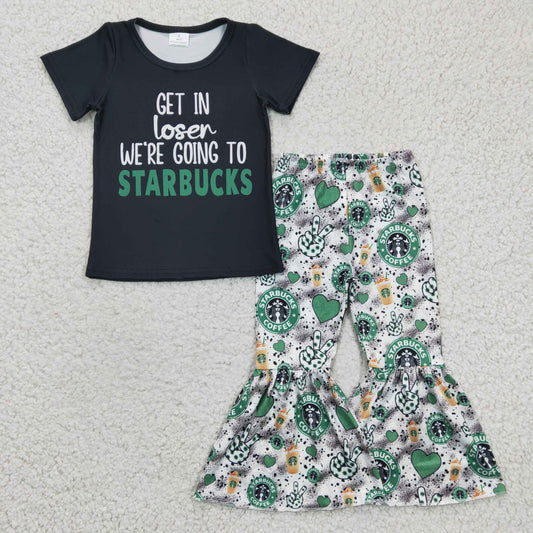 GSPO0391 Green Black Coffee Girls Short Sleeve Bell Bottom Pants Outfits