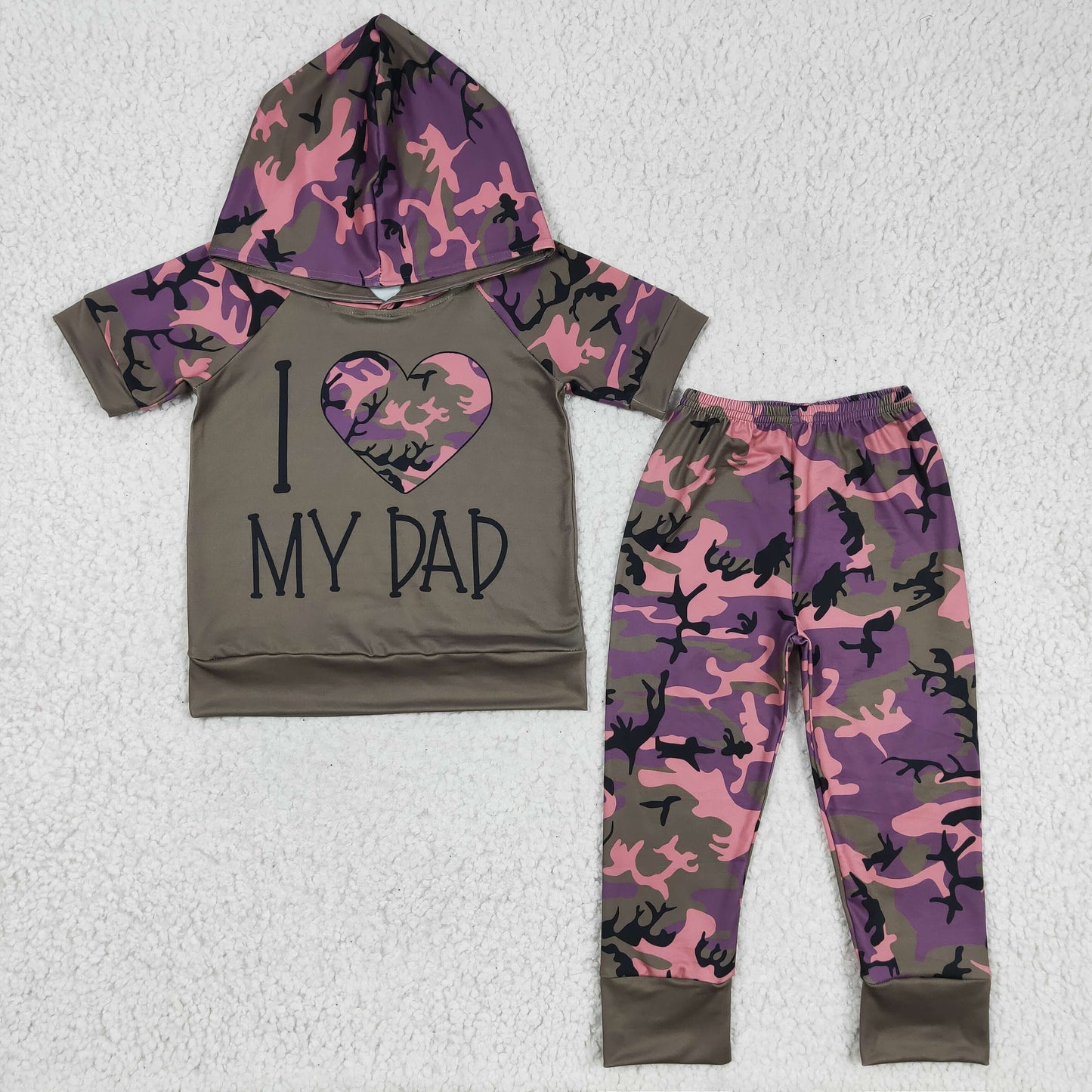 BSPO0037 Valentine I Love My Dad Green Camo Boys Short Sleeve Pants Outfits Hoodies