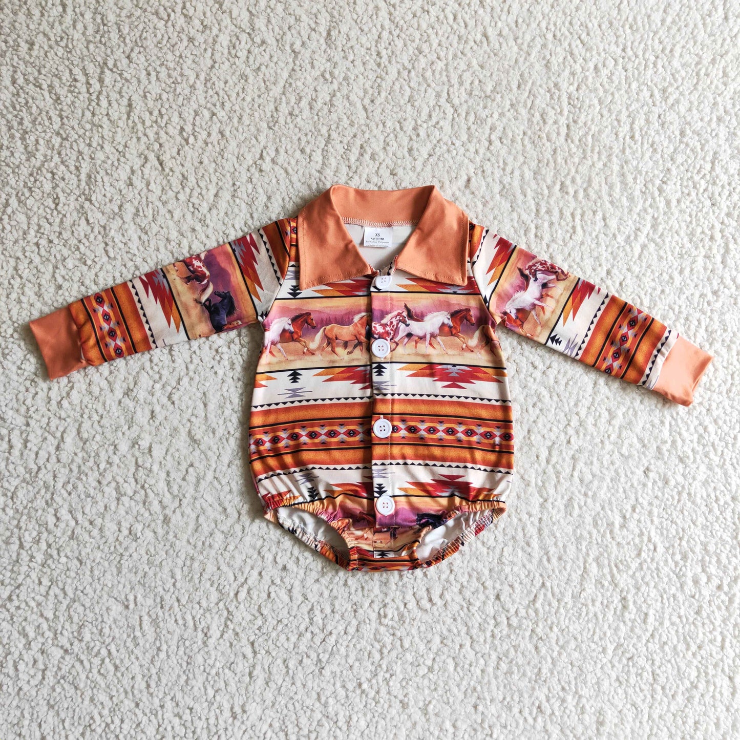 LR0181 Horses Cowboy Brown Western Stripes Collar Girls Long Sleeve Romper