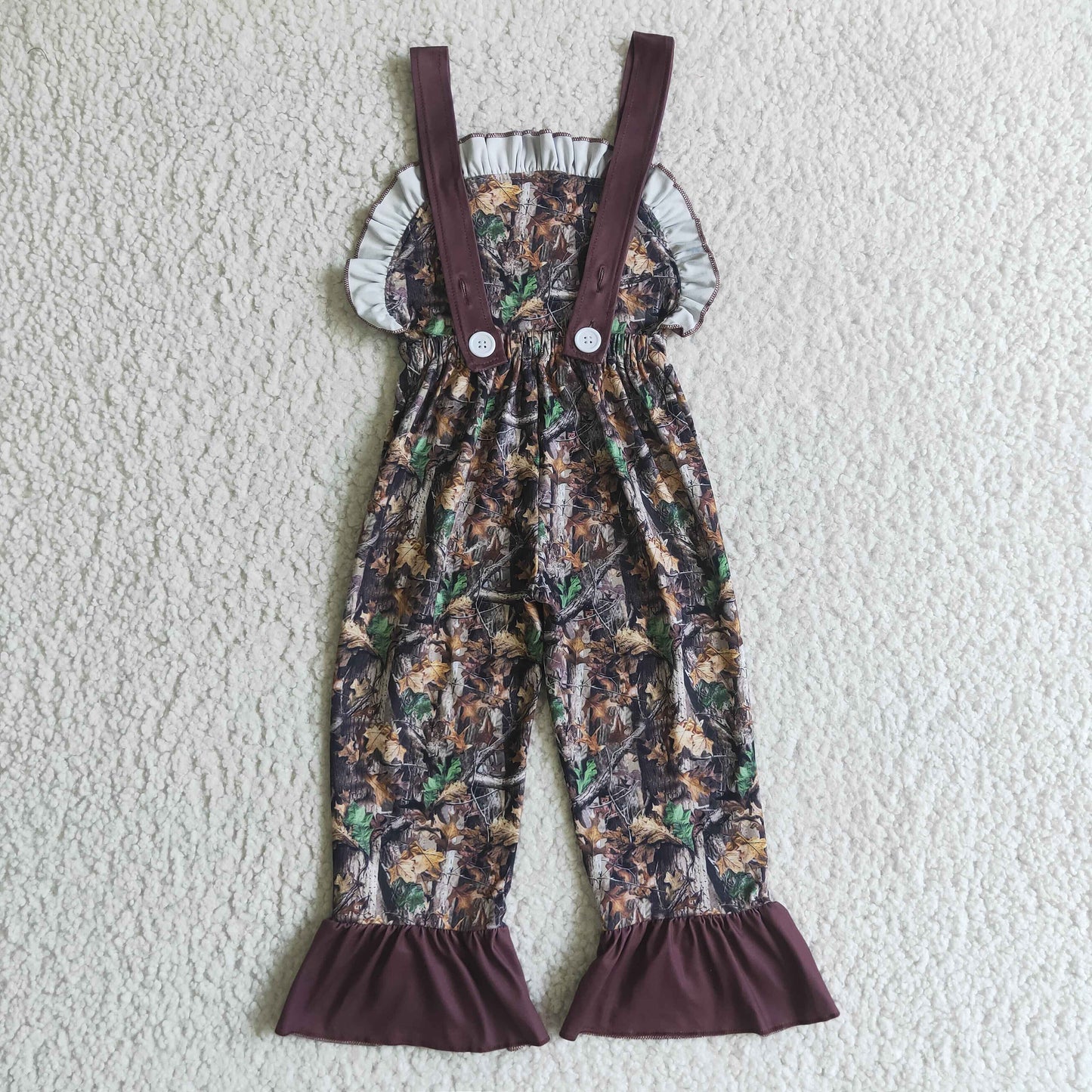 SR0098 Christmas Deer Brown Leaf Leaves Camo Girls Sleeveless Jumpsuit Overall Pants