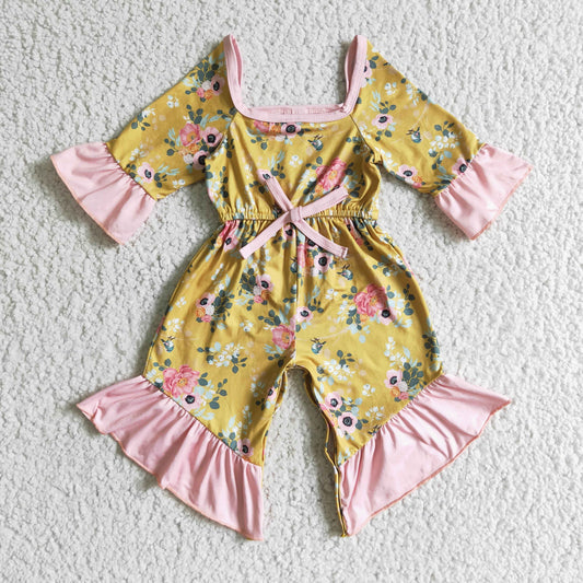 Clearance 6 A30-16-1 Pink Yellow Floral Girls Short Sleeve Jumpsuit