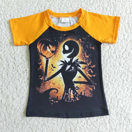 BT0042 Halloween Orange Pumpkin Ghost Cartoon Boys Short Sleeve Top T-shirts