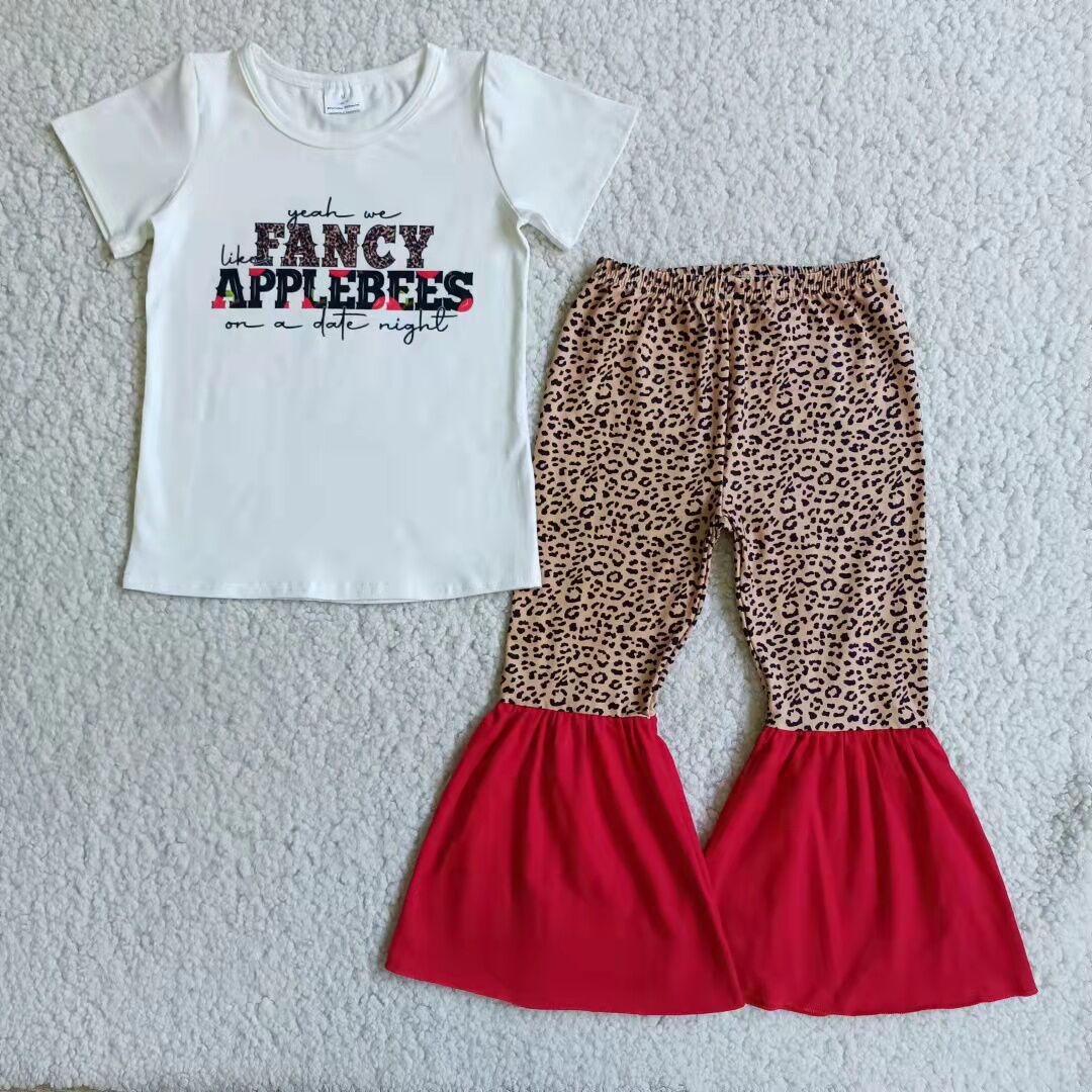 E4-20 Fancy Leopard Red Letter Girls Short Sleeve Pants Outfits