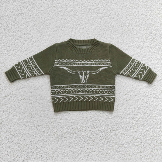 BT0178 Green Highland Cow Boys Long Sleeve Sweater