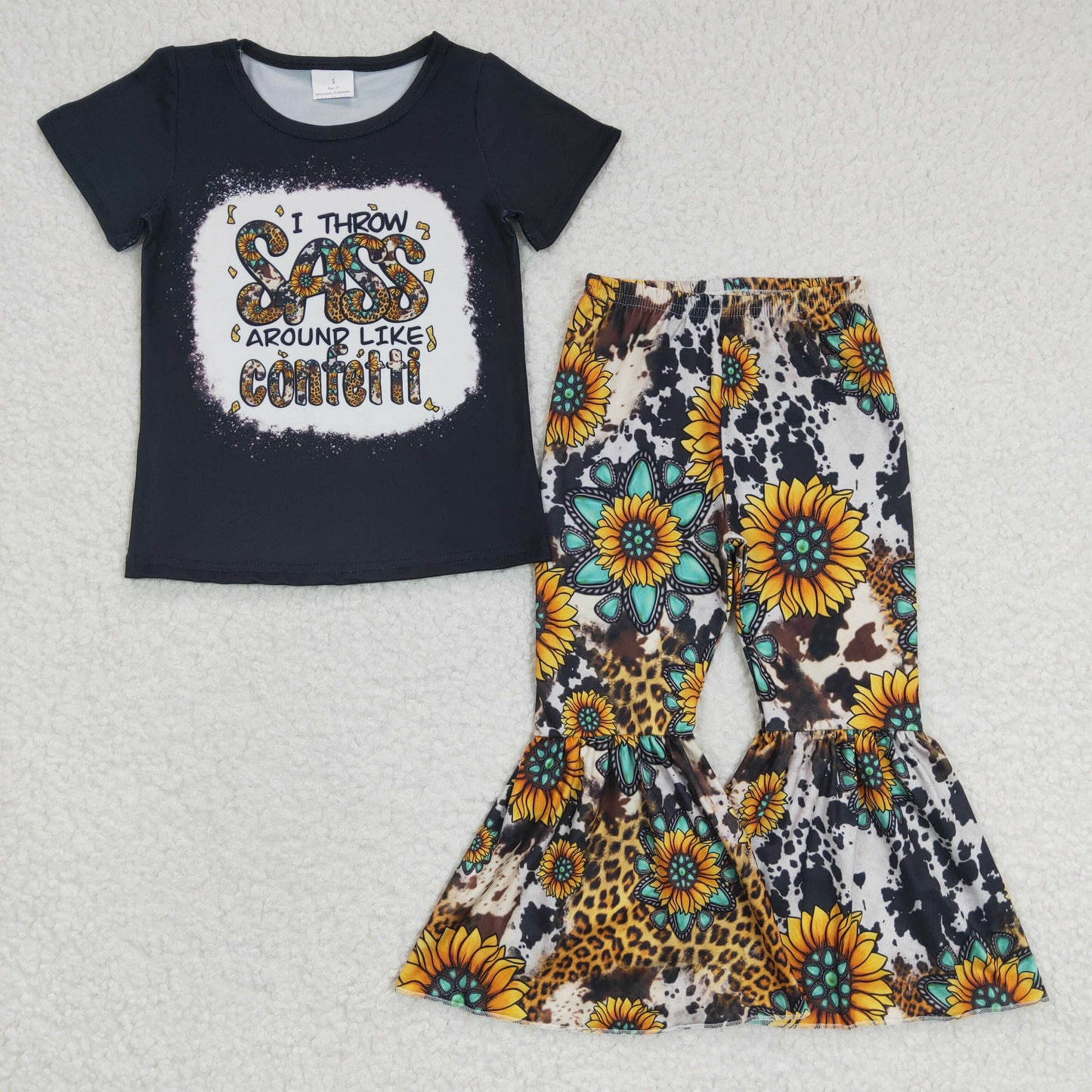 GSPO0484 Black Leopard Sunflower Sass Girls Short Sleeve Bell Bottom Pants Outfits