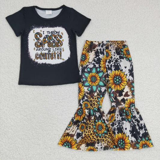 GSPO0484 Black Leopard Sunflower Sass Girls Short Sleeve Bell Bottom Pants Outfits