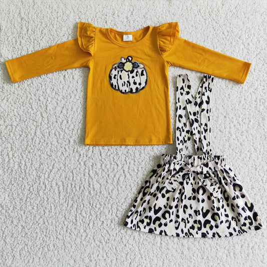 GLD0008 Halloween Orange Leopard Pumpkin Embroidery Girls Long Sleeve With Skirt Overall Dresses Outfits