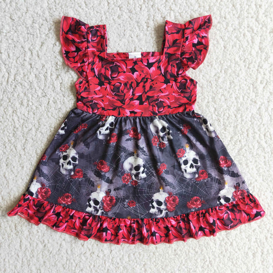 Flutter Sleeve Halloween Rose Print Elegant Ruffles Casual Girls Dresses