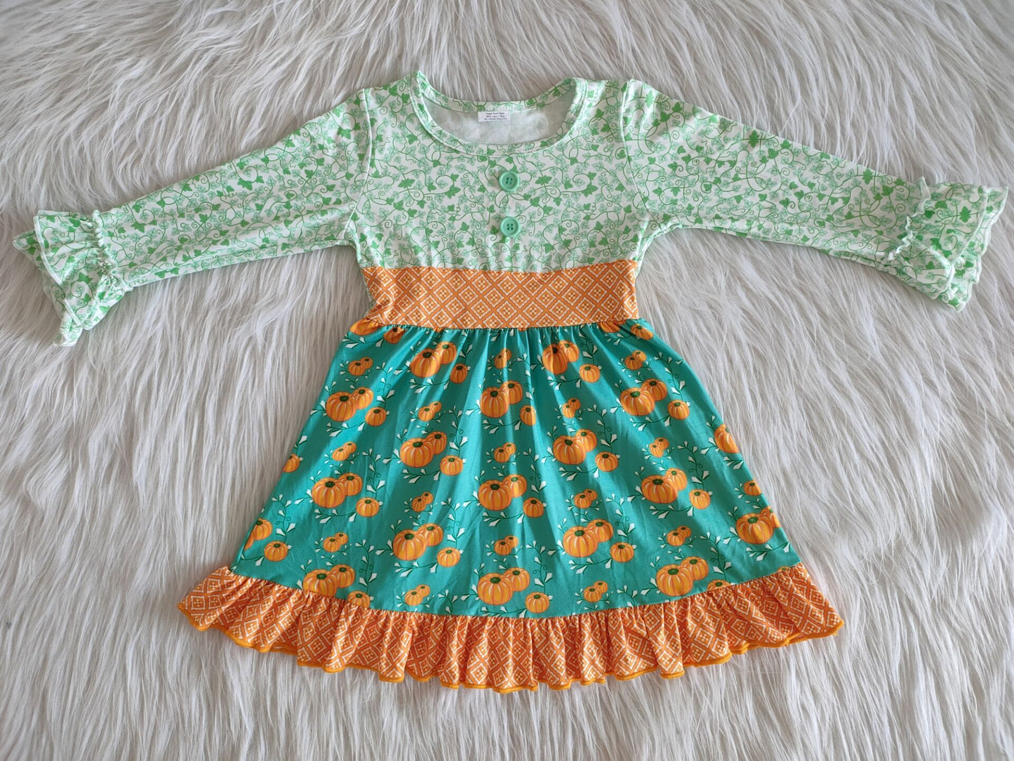 Clearance 6 A14-26 halloween green Pumpkin Baby Girls Long Sleeve Dresses