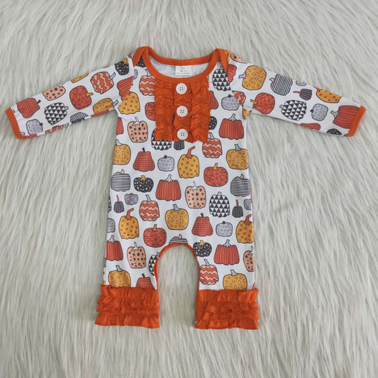 6 B8-20 Halloween Pumpkin Print Button Ruffles Girls Long Sleeve Romper