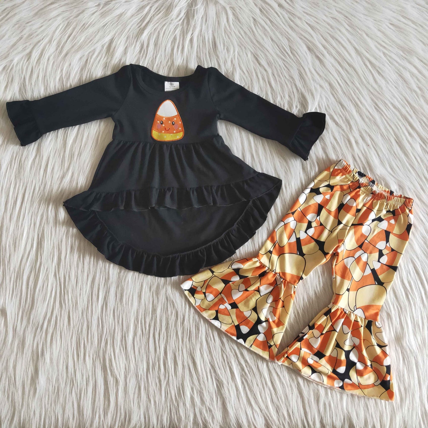 Clearance 6 A18-26 Halloween Candy Embroidery Hi-low Short Front Long Back Girls Long Sleeve Bell Bottom Pants Outfits