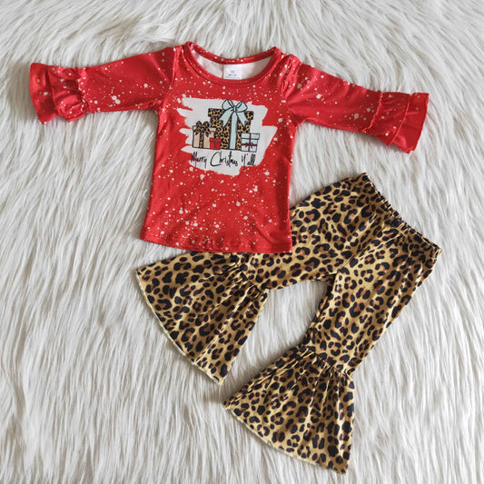 Clearance 6 A26-12 Merry Christmas Gift Red Bleach Leopard Girls Long Sleeve Bell Bottom Pants Outfits