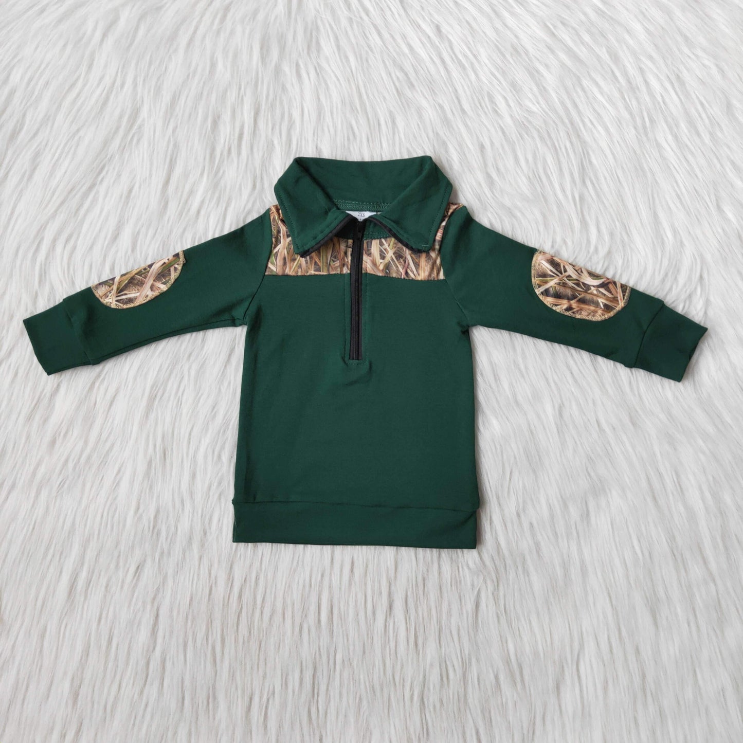 6 B8-16 Green Camo Boys Long Sleeve Top Collar Polo Pullover