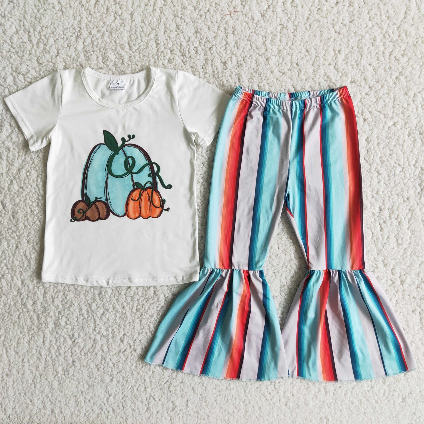 D5-28 Halloween Pumpkin Blue Striped Girls Short Sleeve Bell Bottom Pants Outfits