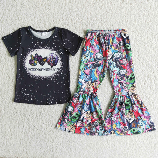 B12-13 Halloween Peace Love Cartoon Black Bleach Design Girls Short Sleeve Bell Bottom Pants Outfits