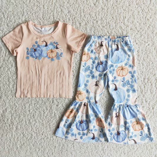 promotion RTS  C10-9 Halloween Pumpkin Blue Floral Tassel Girls Short Sleeve Bellbottom Pants Outfits