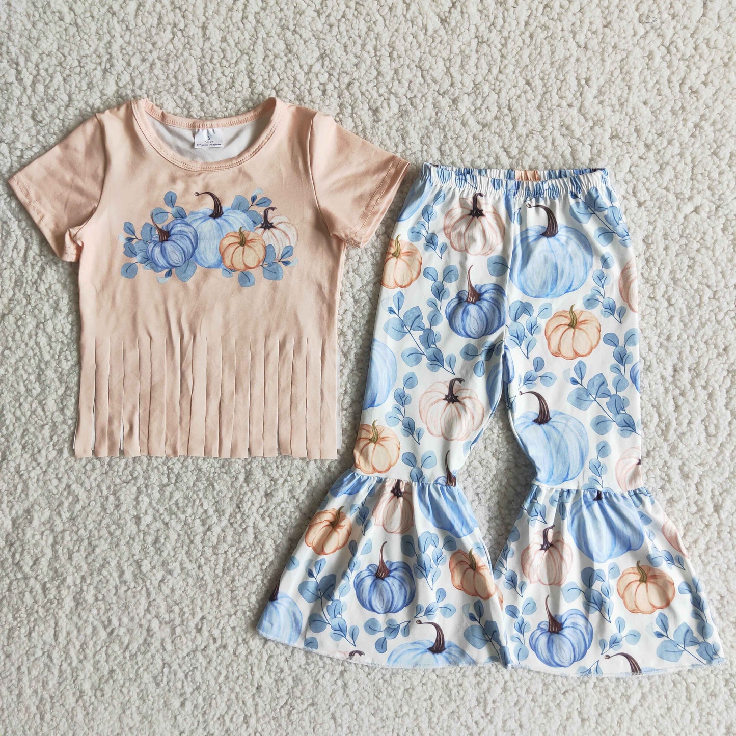 Clearance C10-9 Halloween Pumpkin Blue Floral Tassel Girls Short Sleeve Bellbottom Pants Outfits