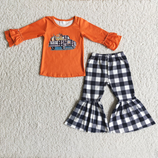 Baby Girls Pumpkin Truck Fall Long Sleeve Match Plaid Bell Pants Kids Outfits